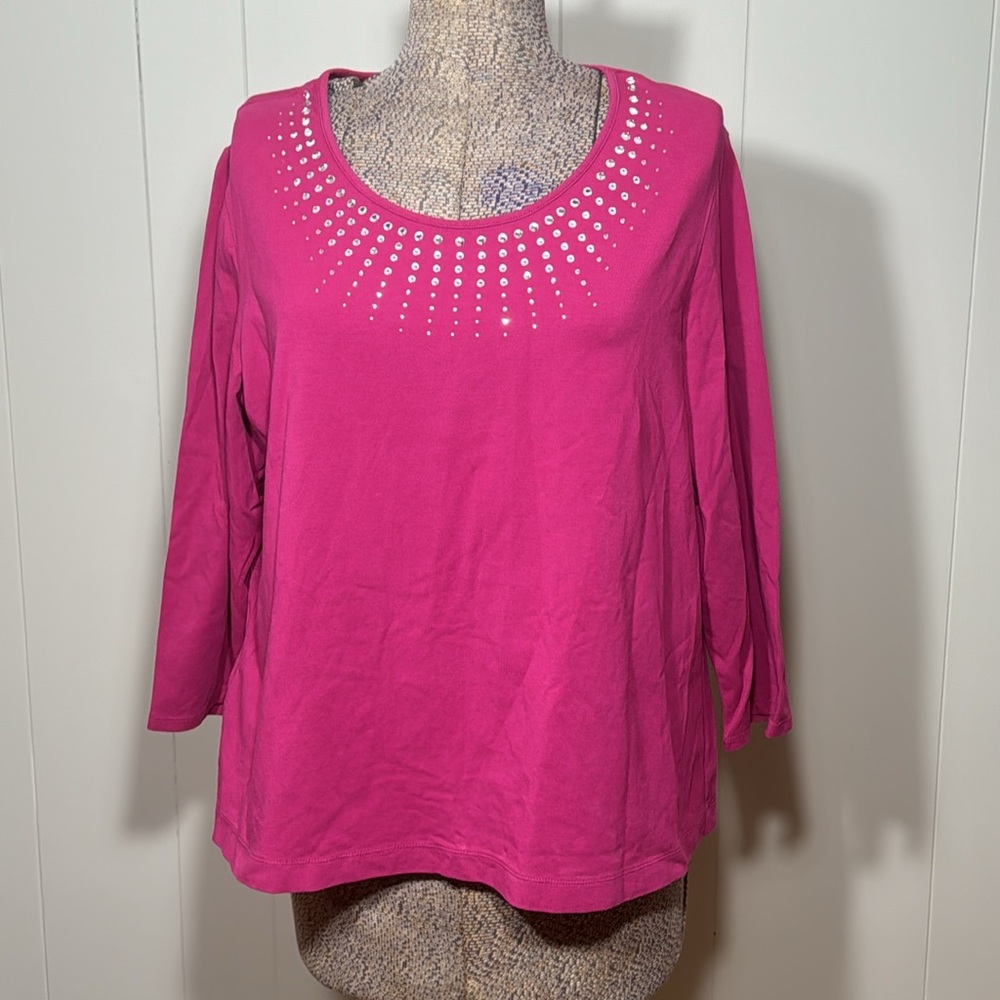 Laura Ashley Womens XL Fuchsia 3/4 Sleeves Blouse Gem Neck Accents